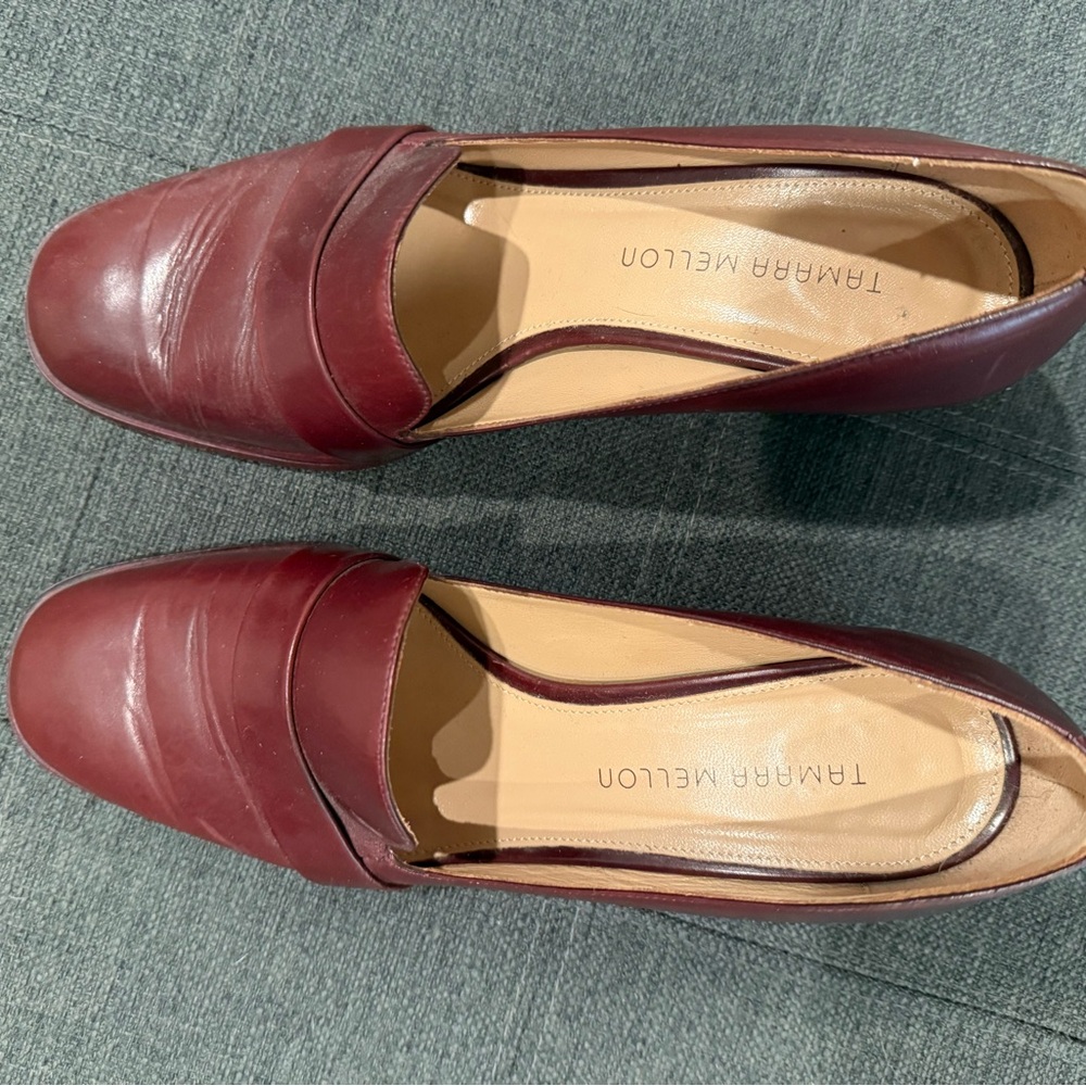 Tamara Mellon Burgundy Leather Heeled Loafers